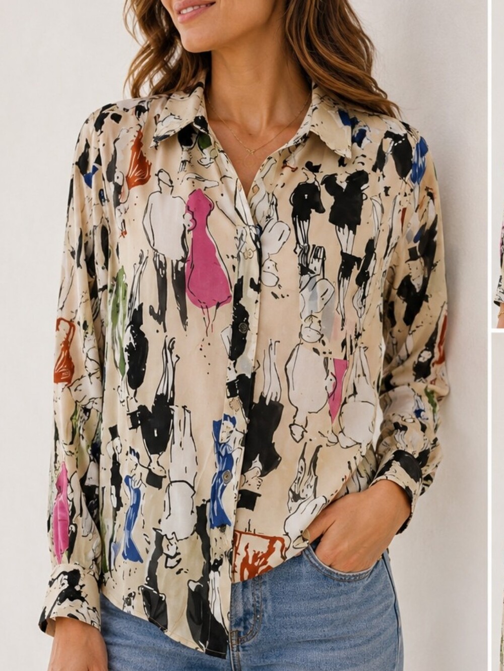 Ark & Co Fashion Illustration Print Blouse Button Front Artistic Novelty Top